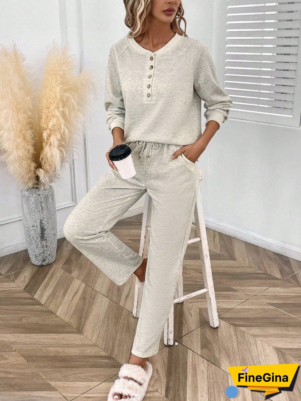 Comfy V-Neck Plain Two Piece Set