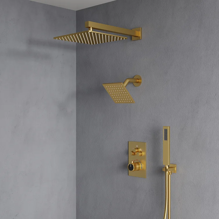 SFS-1003A-GD12 Wall-Mounted 12-Inch and 6-Inch Thermostatic Rainfall Shower with Push Button Diverter 