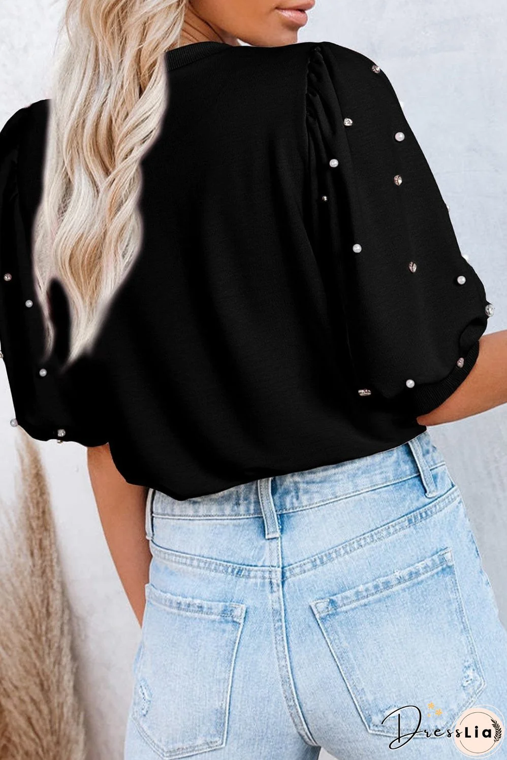 Puff Sleeve Blouse with Pearl Accents