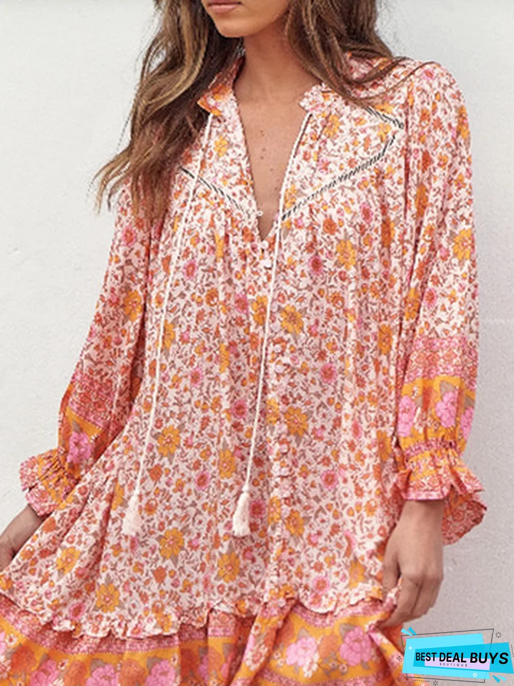 Patchwork Lace Ethnic Floral Printed Vacation Loose Dress