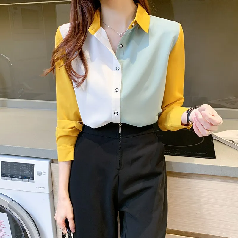2021 Korean Long Sleeved Chiffon Shirt Women Splicing Color Singel Breasted Women's Blouse Autumn Lapel Top Female Blusas 11987