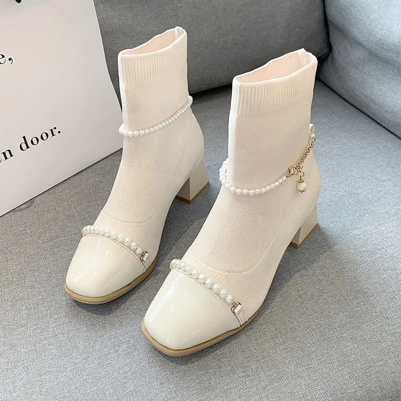 Sock Boots 2021 New Autumn Winter Weave Women Designer String Bead Stretch Ankle Boots Fashion Chunky Pumps Sweet Mujer Shoes