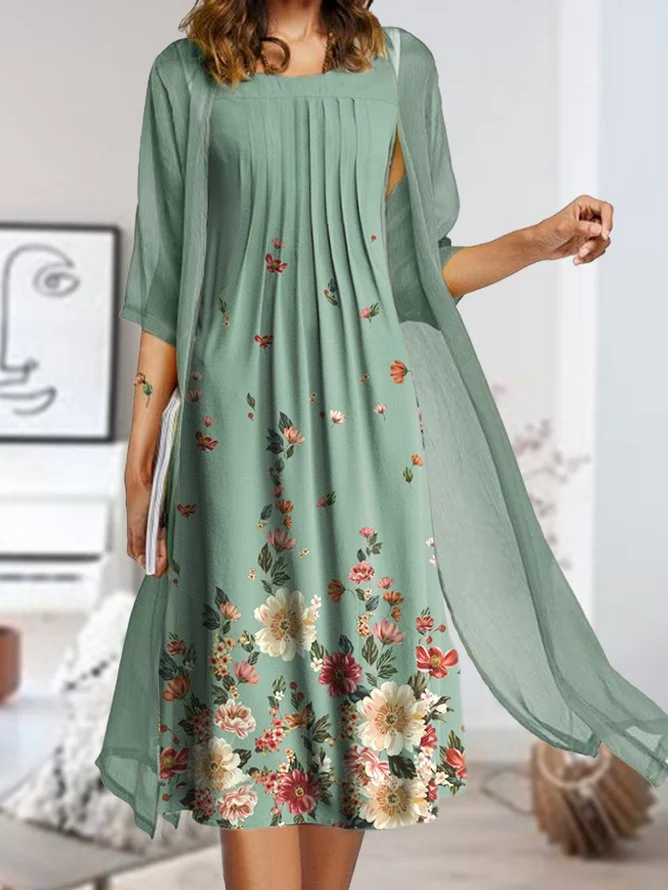 Half Sleeve Loosen Floral Round Neck Two Piece Dresses