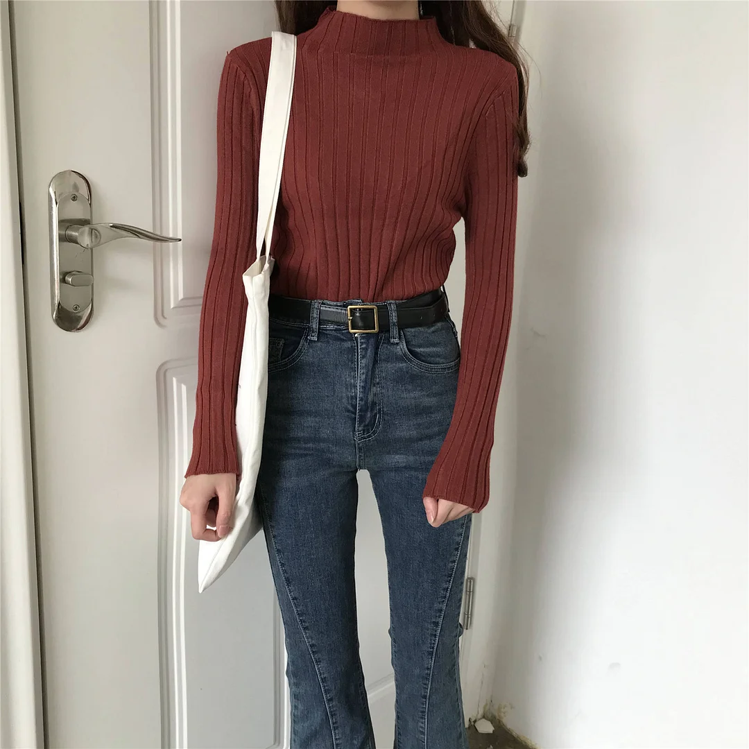 Uveng Uveng Winter Half-High Sweater Women Long Sleeve Pure Color Spring And Autumn Pit Stripe Loose Knitted Bottom Shirt