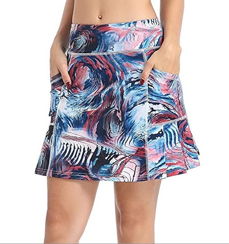 Women Mini Skirt Tie-dye Print High Waist Two Layers with Pocket Skirt Workout Fitness Sport Skorts Golf Tennis Running Skirts