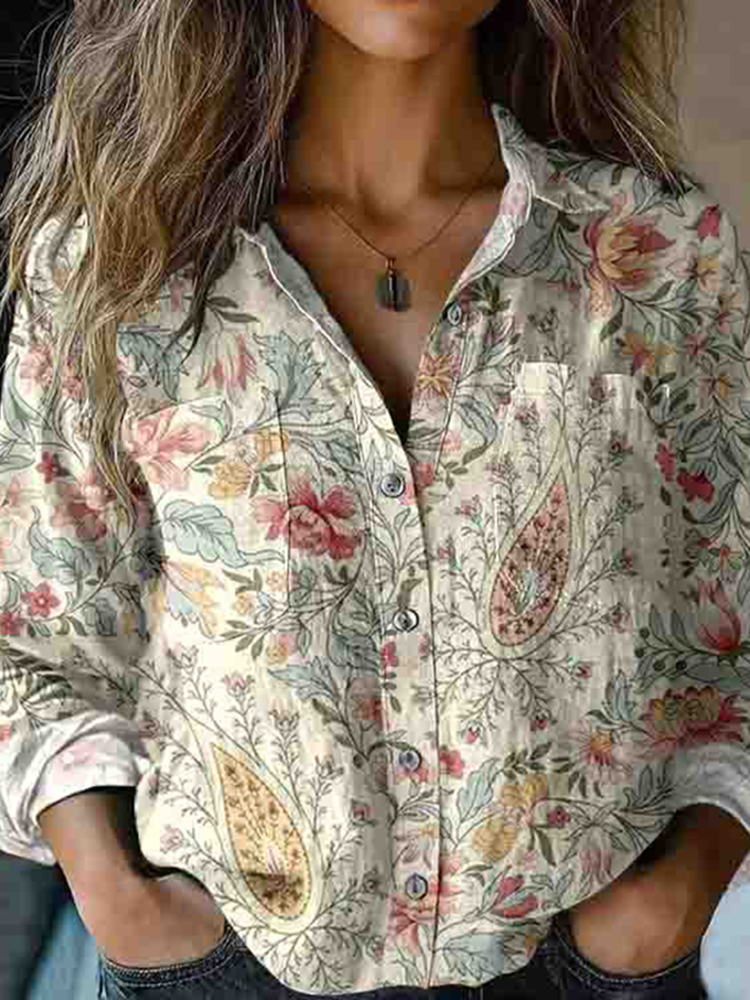 Comstylish Bohemian Style Floral & Paisley Patchwork Linen Print Long Sleeve Shirt