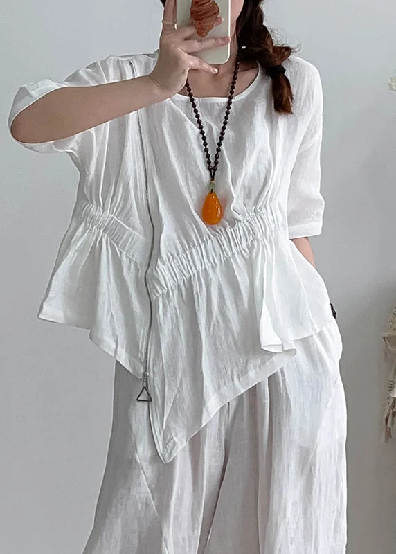 White Loose Linen Shirts Asymmetrical Zippered Summer