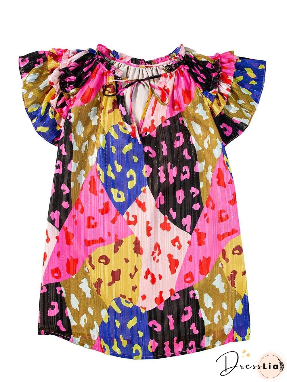 Rose Patchwork Leopard Print Ruffle Sleeve V Neck Blouse