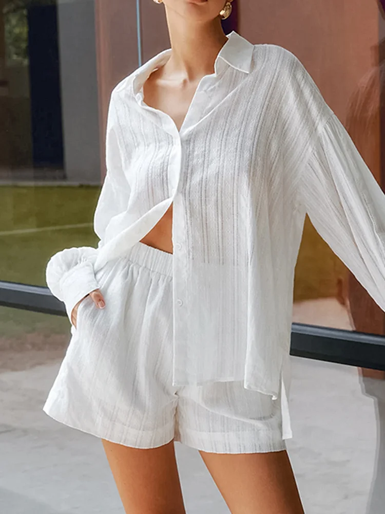 Women's Summer 2Piece Set White Striped Jacquard Shirt Top and Short Pant
