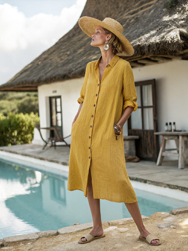 Cotton and linen women's resort shirt dress