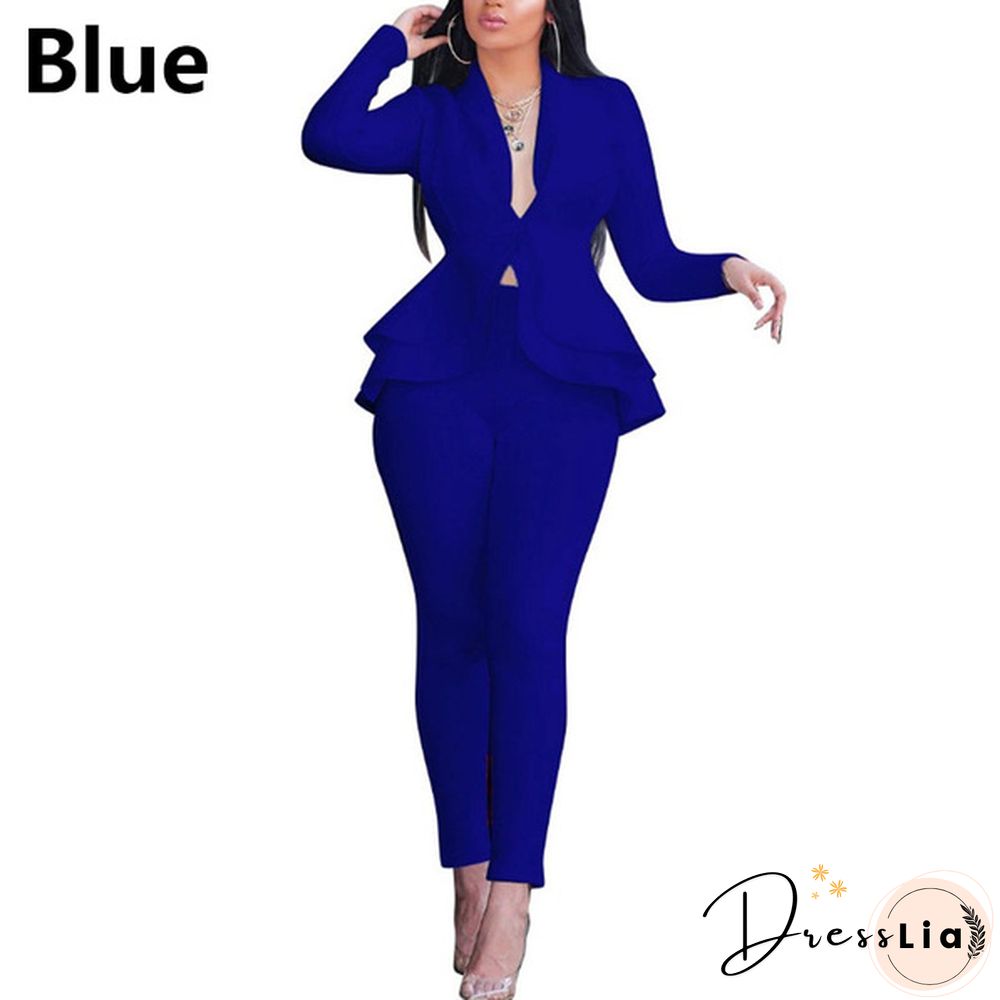 Women's Formal Work Blazer Jacket Pants Business Office Outfits Suit Set Ruffle Solid Color