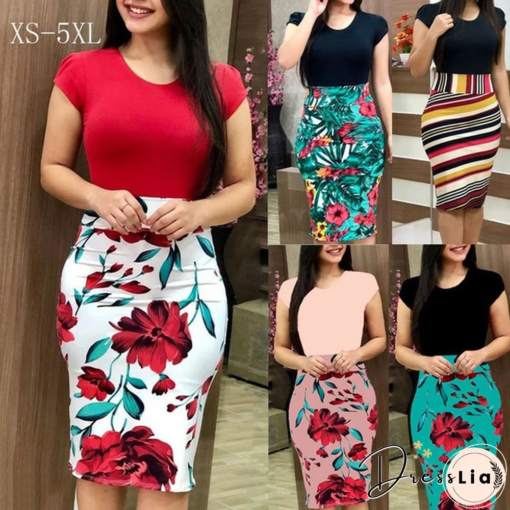 New Women's Fashion Summer European And American Color Matching Flowers Bag Hip Dress Plus Size Print Round Neck Blouse