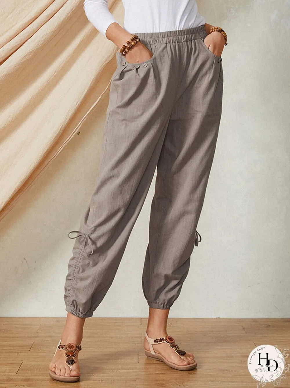 Solid Color Pocket Elastic Waist Drawstring Design Casual Cotton Women Pants