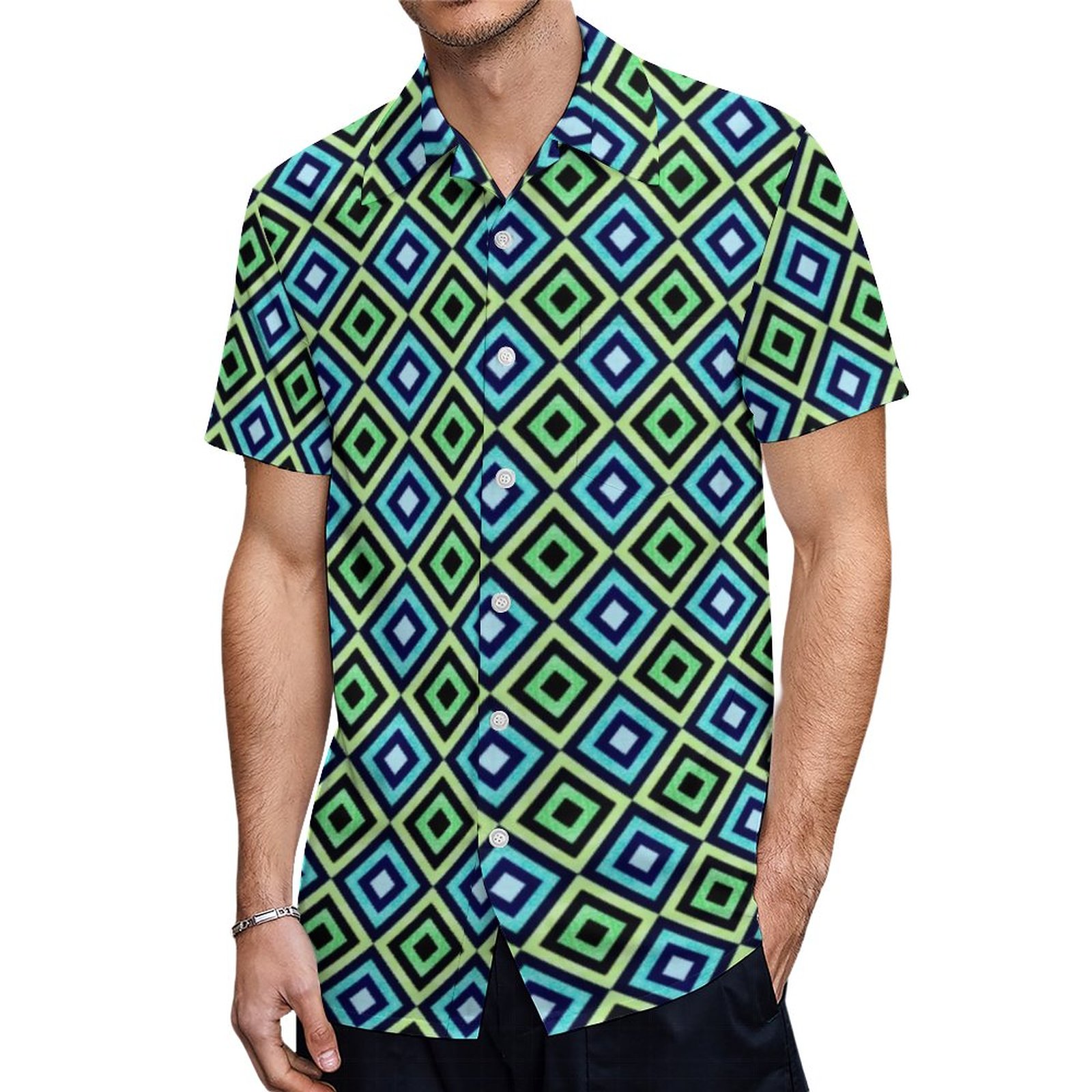 Turquoise Blue Green Black Diamond Pattern Sports Hawaiian Shirt Mens Button Down Tropical Hawaii Beach Shirts