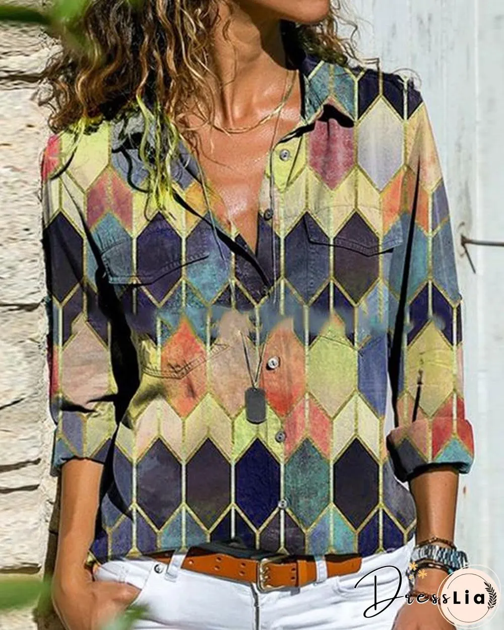 Color Block Casual Collar Long Sleeve Blouses
