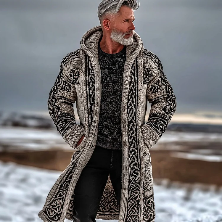 Men's Vintage Celtic Knot Knit Long Hooded Sweater Jacket
