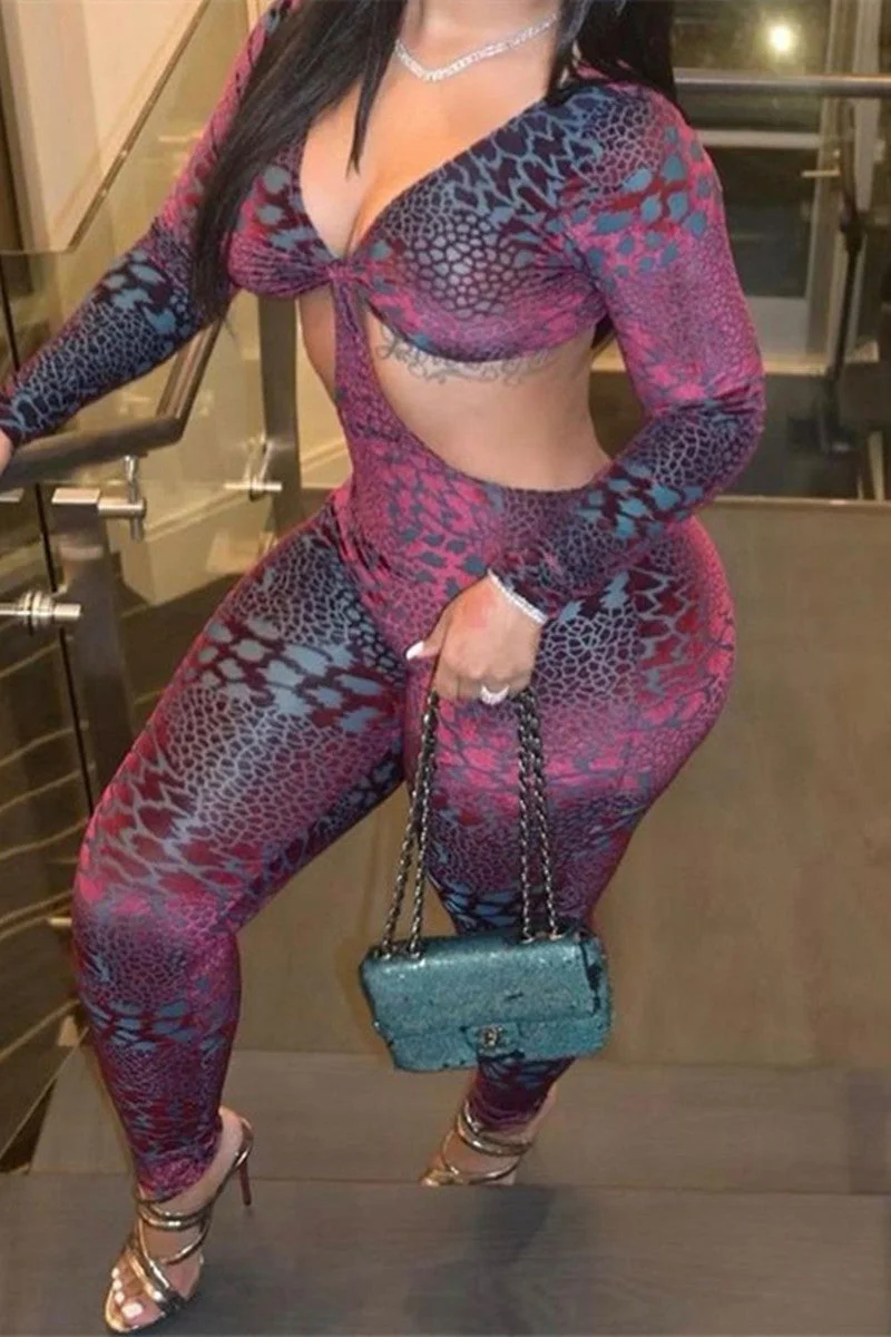 Fashion Sexy Print Hollowed Out V Neck Skinny Jumpsuits