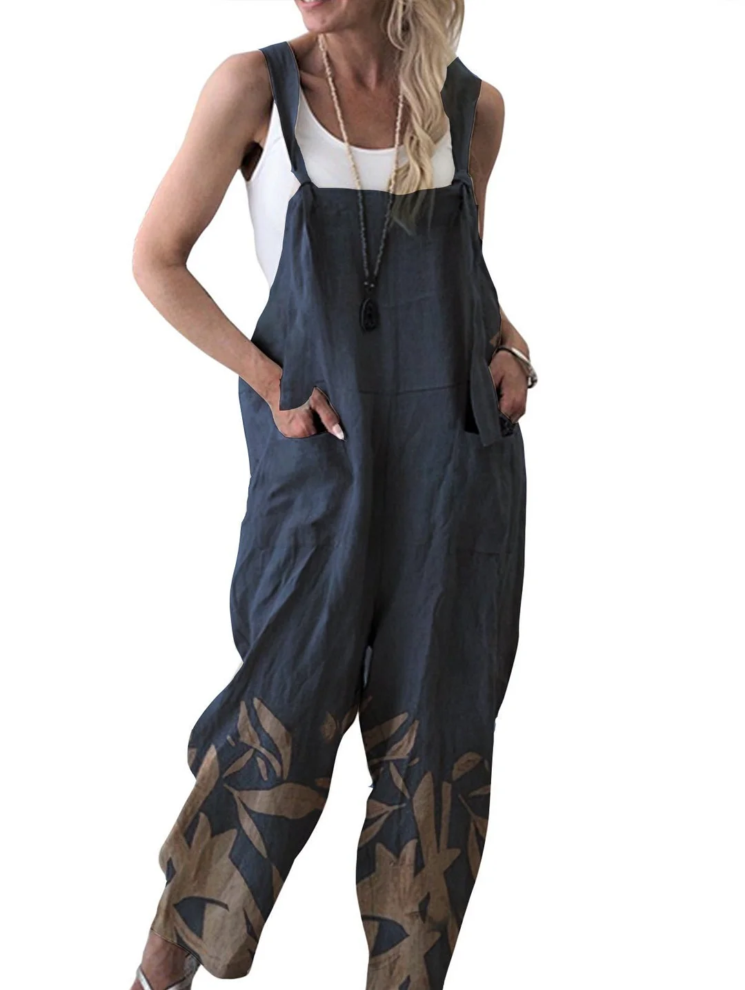 Printed Loose Pocket Overall Jumpsuit