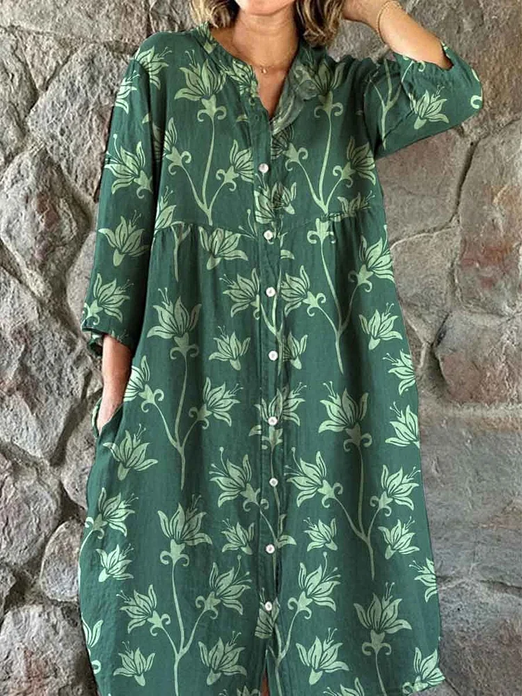 Women's Shirt Style Elegant Simple Floral Pattern Cotton And Linen Dress With Pockets