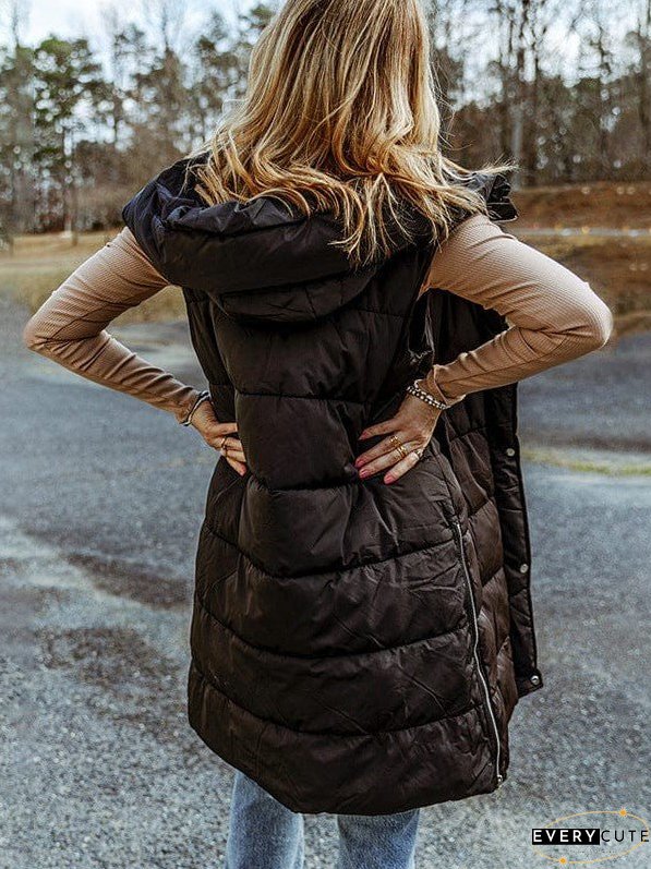 Women's Black Hooded Puffer Vest - Longline