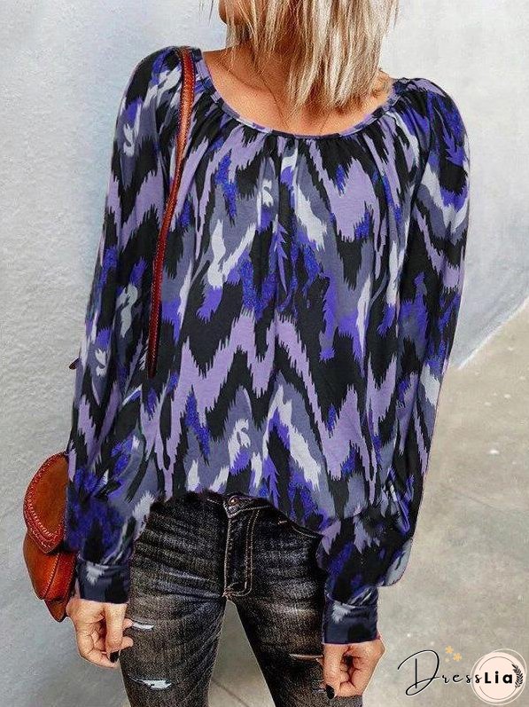 T-Shirts Casual Print Round Neck Long Sleeve T-Shirts for Women