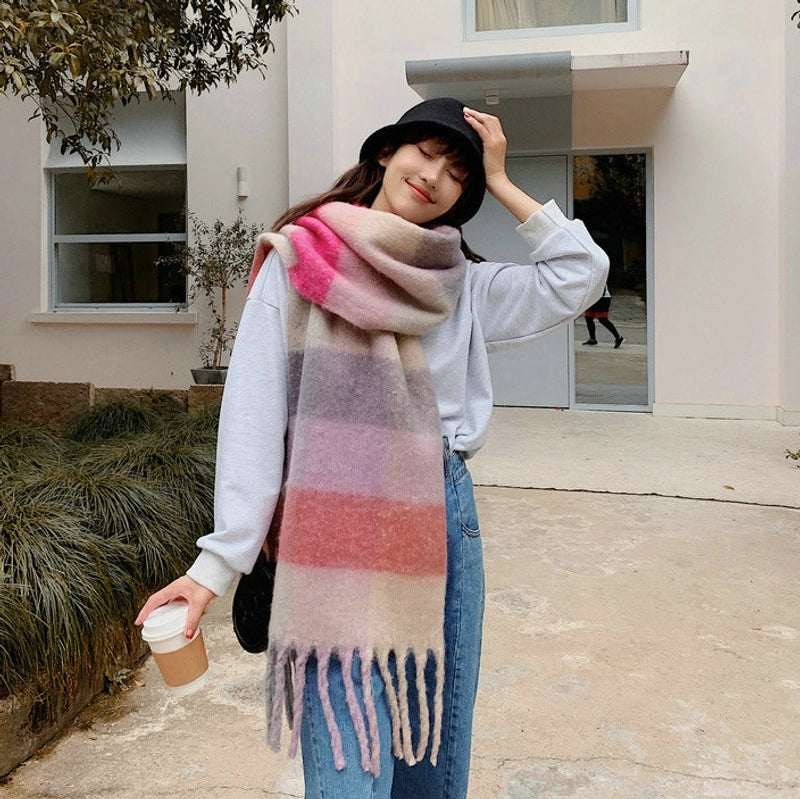 Knock On The Beauty Drop ~ A Big Love Thick Braid Rainbow Checkered Color Matching Scarf Winter Cashmere Plaid Tassel Shawl