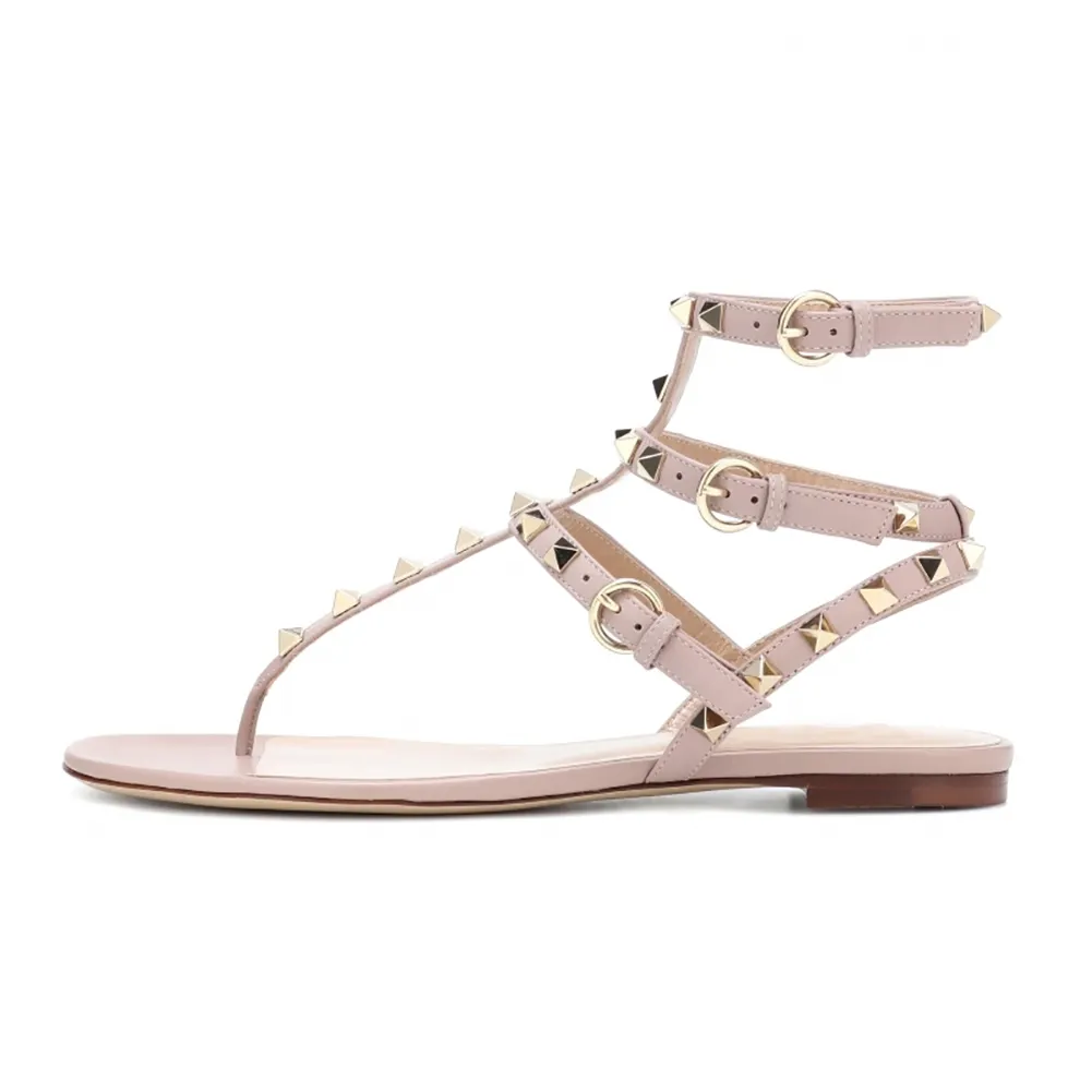 Women's Studded  T-Strap Strappy  Thong  Flats Sandals-vocosishoes