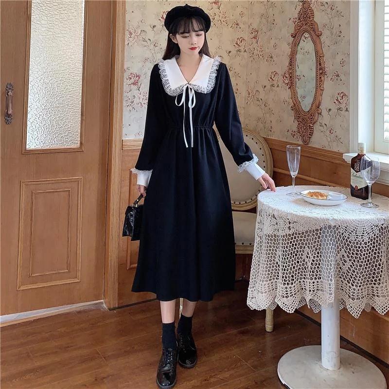 Vintage Dress Women Long Dress With Lace Collar Solid Solid Color Tunic Dresses Autumn Long Sleeve Ladies Elegant Clothes 2021