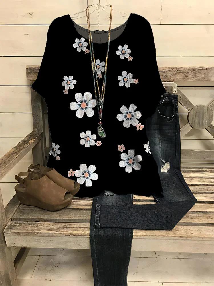 Women's Flower Print Half-sleeve Round Neck T-shirt