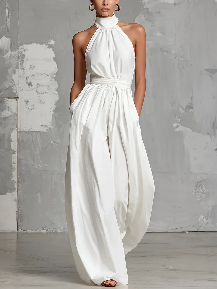 White Halter Neck Sleeveless Backless Jumpsuit
