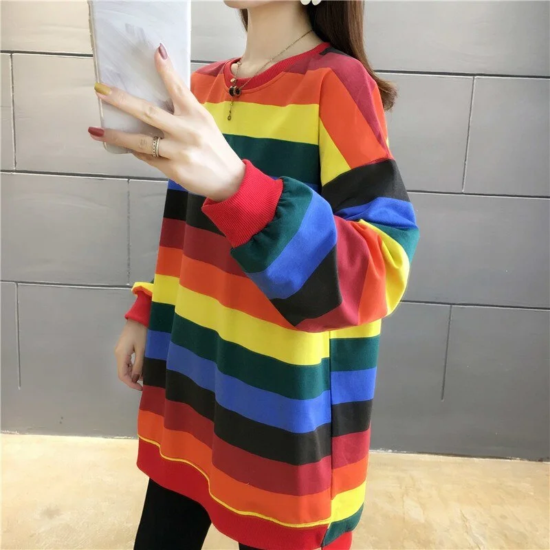 Fashion Rainbow Color Sweatshirt Hoodies Women 2021 Loose Long Sleeve Pullover Female Spring Autumn Oversized Harajuku Striped