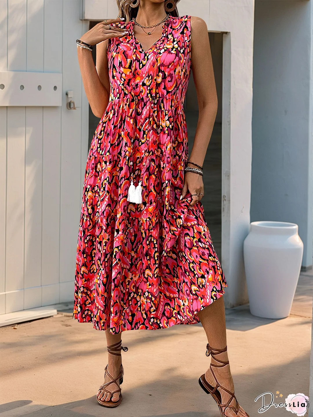 Bohemian V-Neck Printed Gathered Waist Midi Dress