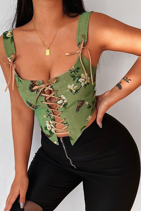 Embroidered Print Lace Up Crop Top