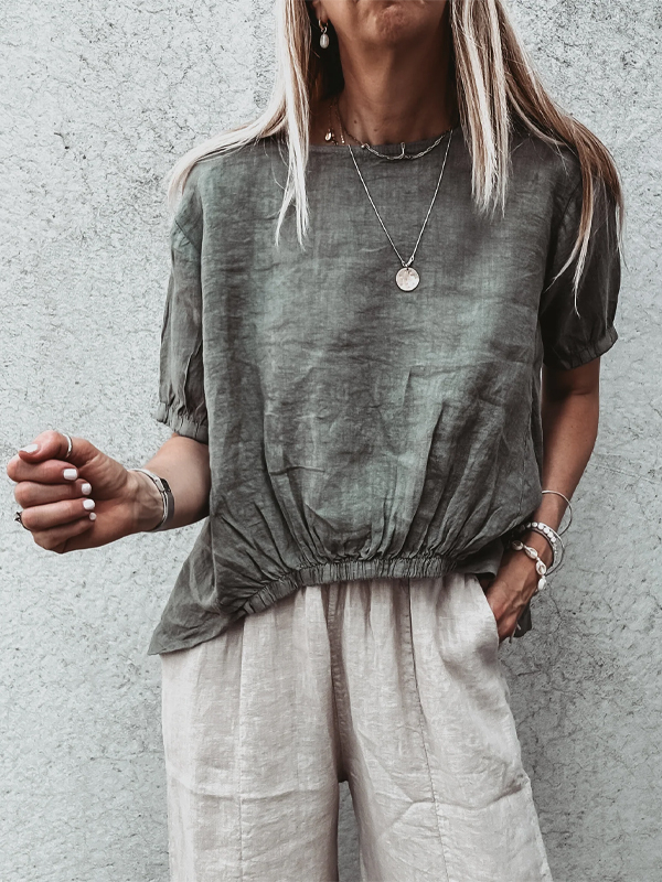 White Crew Neck Short Sleeve Linen Top hjn Shicloths