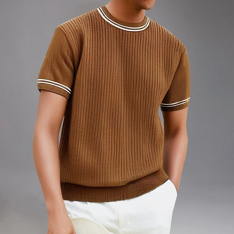 Retro Stripe Pattern Crew Neck Short Sleeve Knitted T-Shirt Okaywear