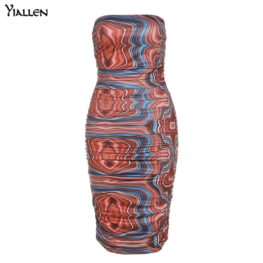 Yiallen Colorful Print Sexy Strapless Dress Women Sleeveless Skinny Stretchy Stack Trend Vacation Beach Dress Slim Outfit Hot