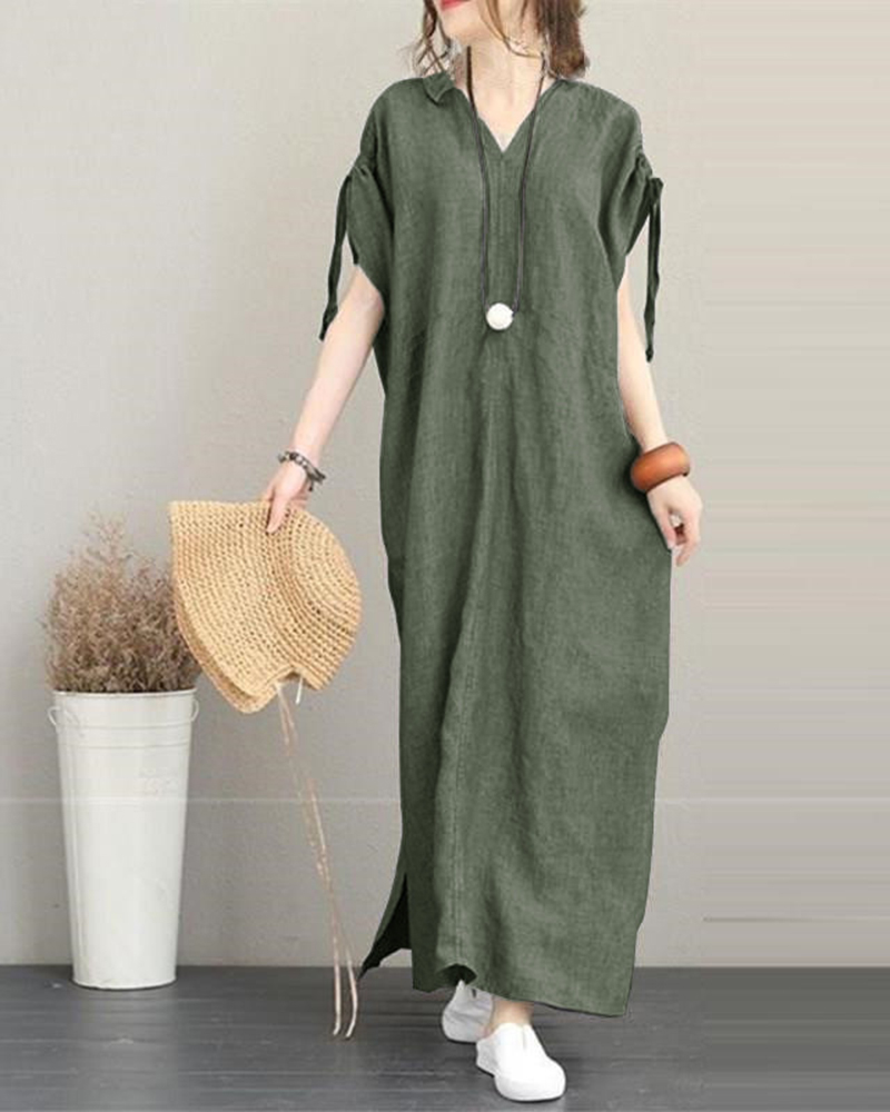 Tie Up Detail Short Sleeve V Neck Loose Maxi Dress