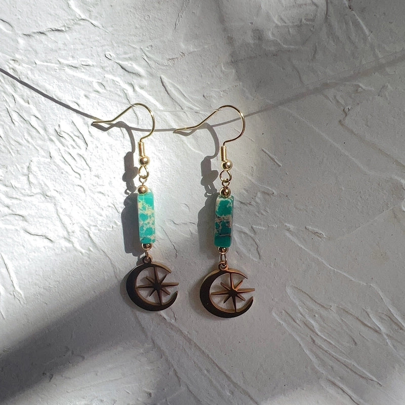 1 Pair Ethnic Style Star Moon Stainless Steel Natural Stone Drop Earrings