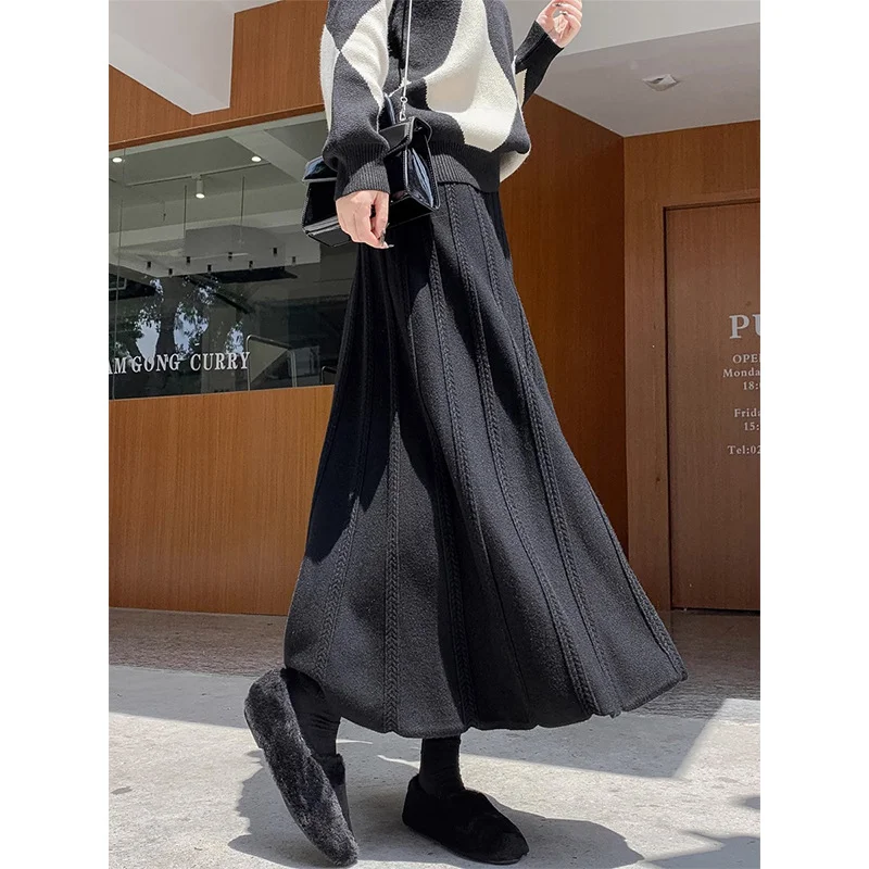 Churchf Churchf And Winter New Casual Wool Big Place Skirt Thread Thickened Tall Waist A-Word Skirt Black Skirt Female Knit Skirt