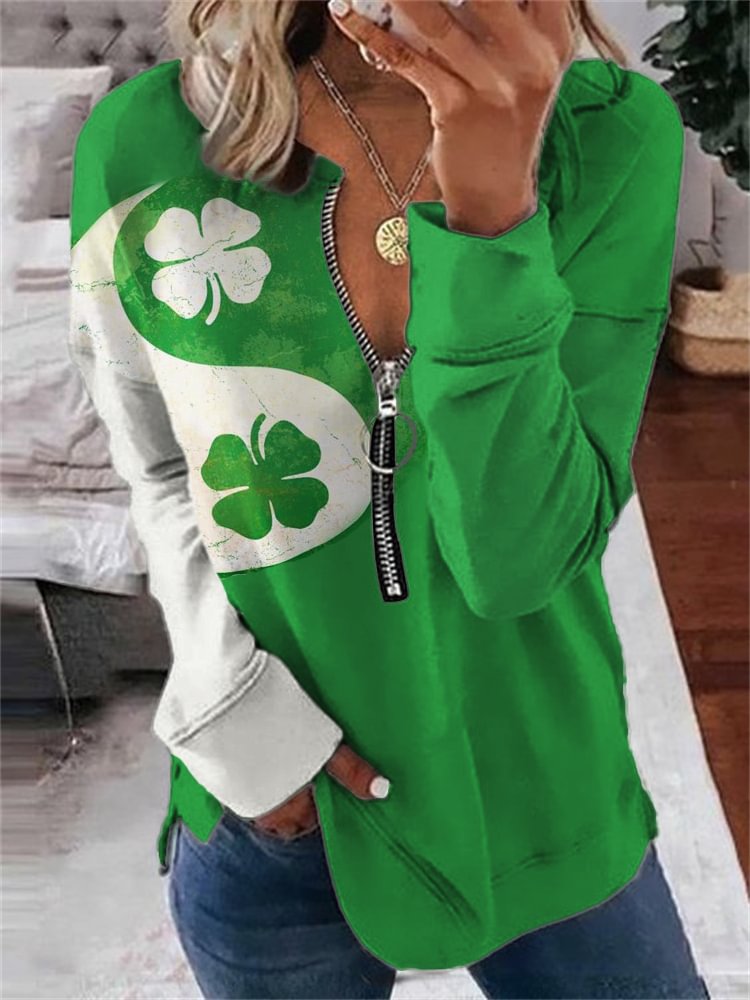 Comstylish St. Patrick's Day Shamrock Contrast Zip Up Sweatshirt