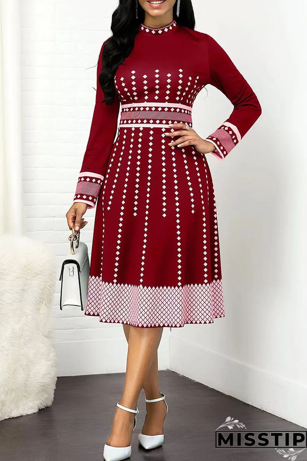 Olive Green Casual Print Polka Dot Patchwork O Neck A Line Dresses