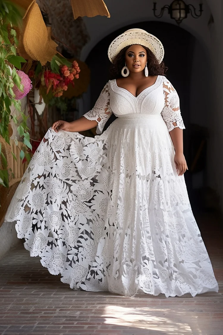 Xpluswear Design Plus Size Wedding White V Neck Half Sleeve See Through Lace Maxi Dresses