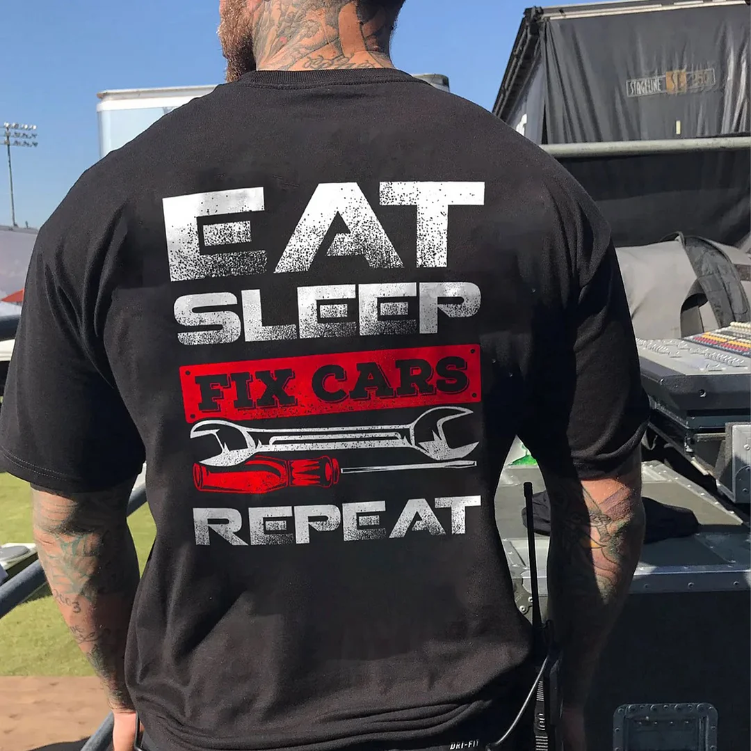 EAT SLEEP FIX CARS Motor Item Black Print T-Shirt