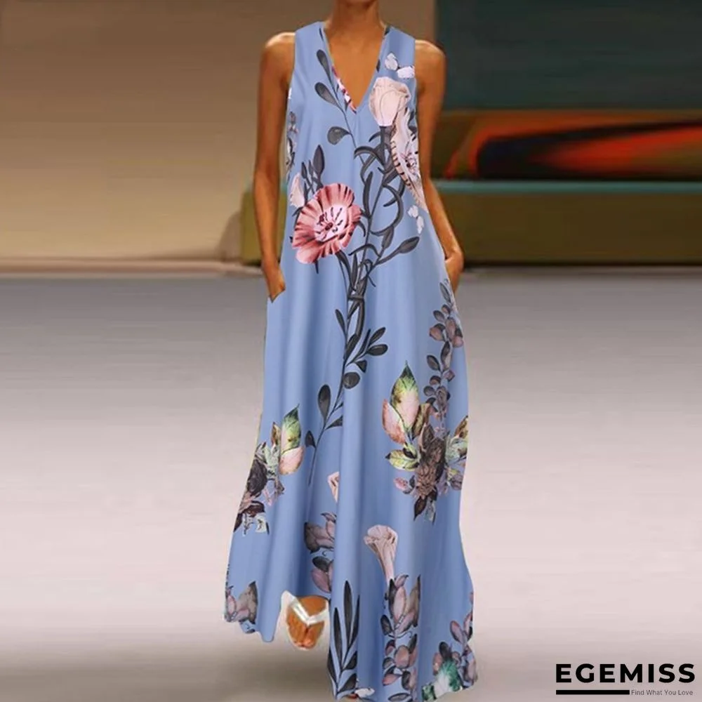 Printed Deep V-neck Dress Sleeveless A-word Large Size Long Dress White Dresses | EGEMISS