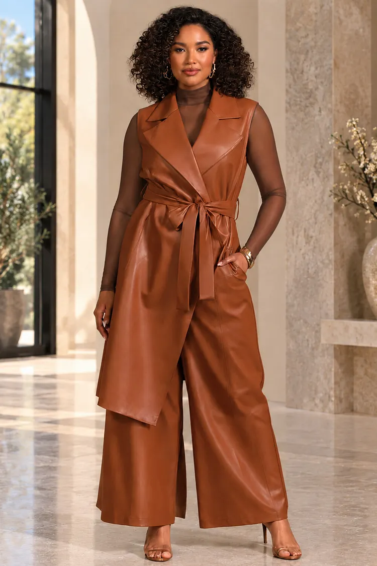 Xpluswear Design Plus Size Daily Brown Turndown Collar Wide Leg Pocket PU Leather Jumpsuits [Pre-Order] 2024 - Xpluswear