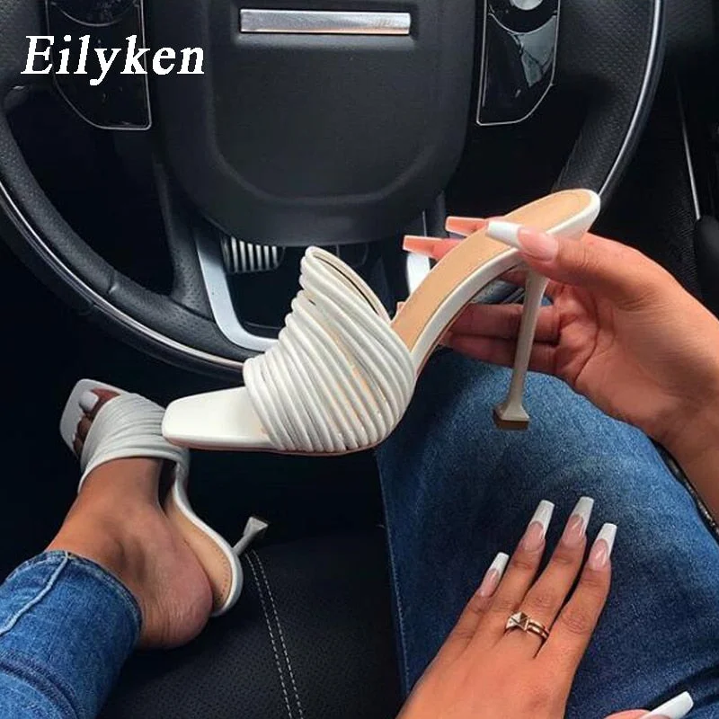 Eilyken Square toe Womens Slipper shoes Summer Mules Sandals Multi knot Sexy high heel Slides Ladies Rome shoes Women Slippers
