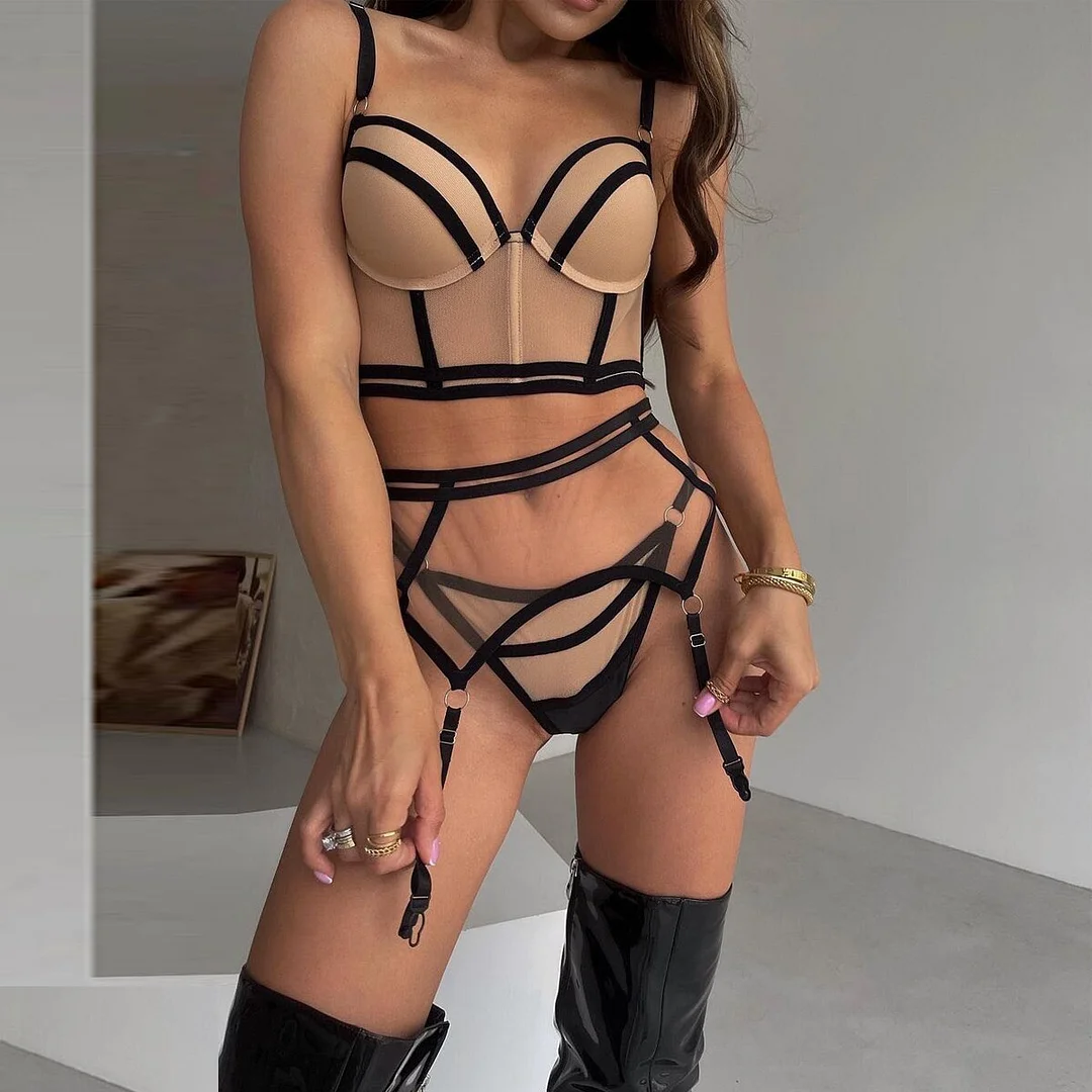 Billionm Lingerie Sexy Transparent Woman Nude Underwear Patchwork 3-Pieces Intimate Hard Exotic Bra And Panty Set Fancy Outfit