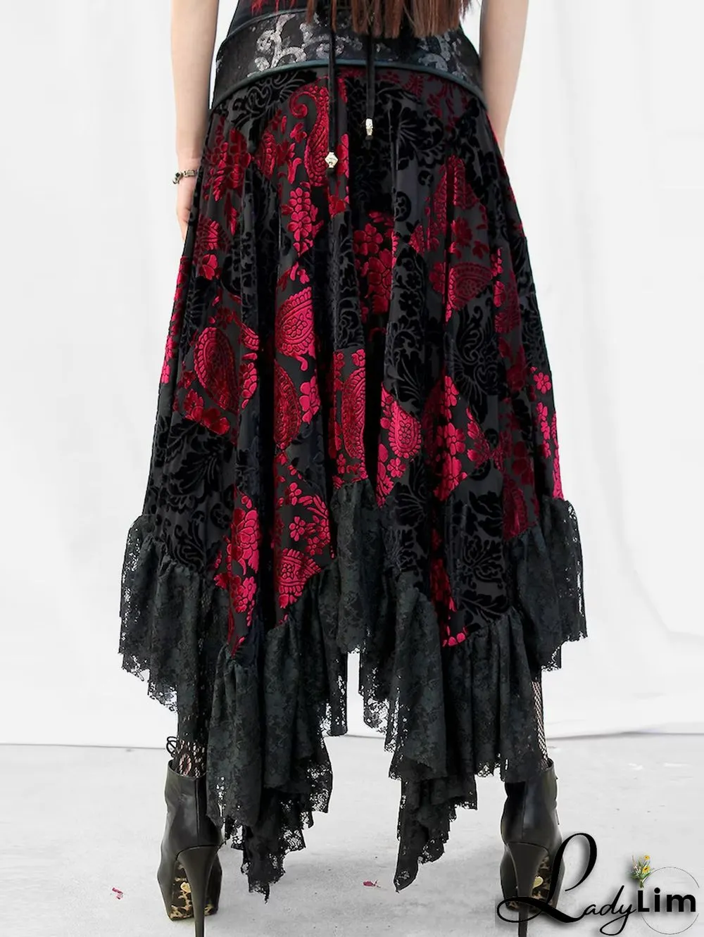 Fashion Colorblock Lace Buckle Belt Asymmetric Hem Velvet Midi Skirt
