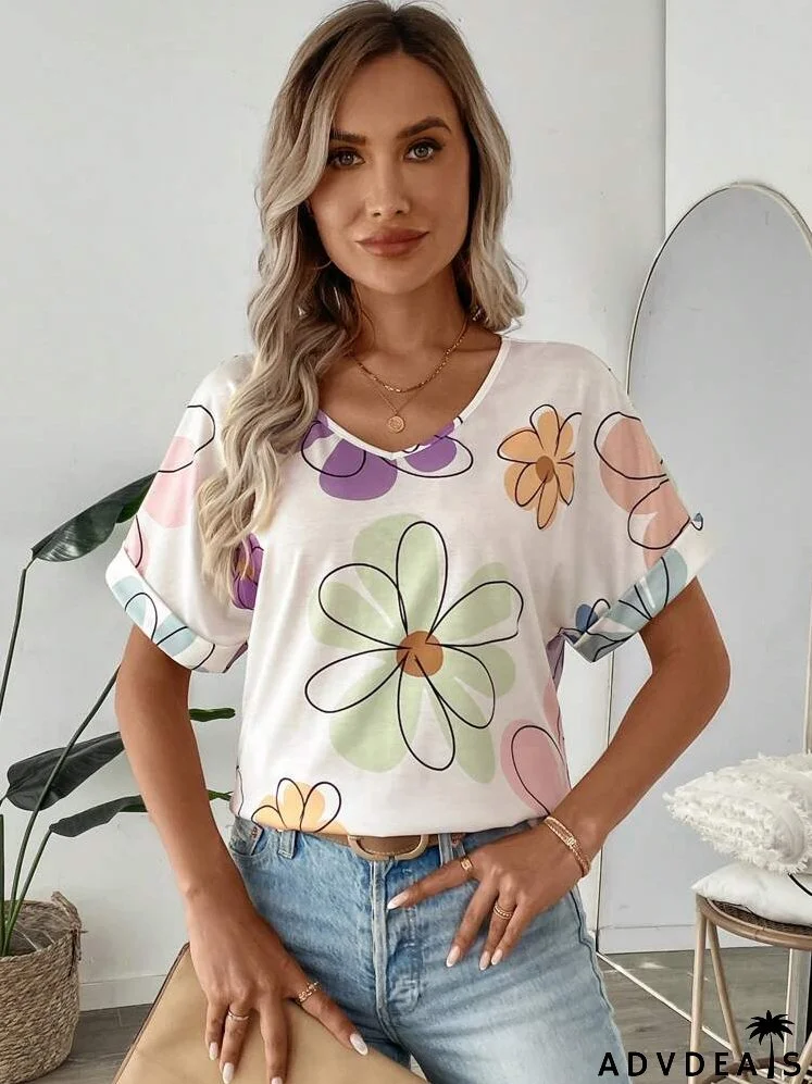 Autumn Casual Street Style Sports & Fashionable Floral Print Women's T-Shirt