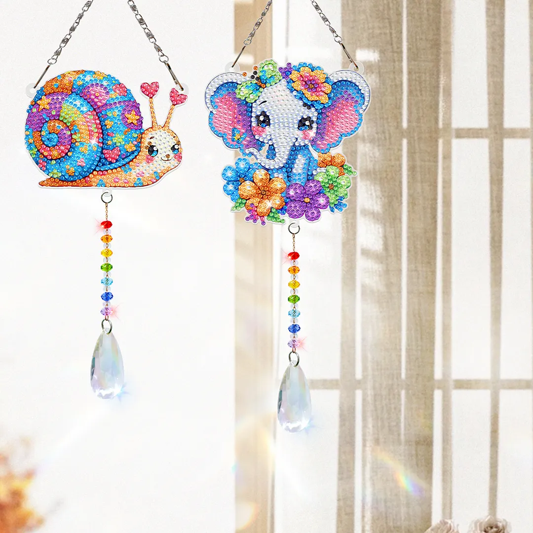 2Pcs Snails and Elephants DIY Double-Sided Diamond Painting Hanging Kits Diamond Painting Suncatcher Craft Kit for Home Garden Wall Decor Gift
